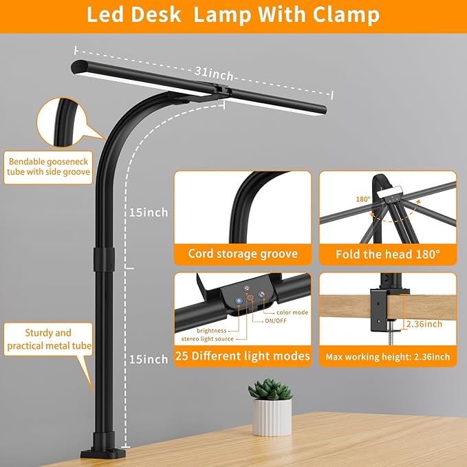 LED Desk Lamp for Home Office - 24W Bright Double Head Desk Light with Clamp Eye Caring Architect Task light 25 Lighting Modes Adjustable Flexible Gooseneck Lamp for Workbench Drafting Study