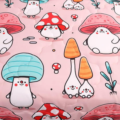 Wajade Kids Cute Mushroom Comforter Set Bed in A Bag Full Size 7 Piece Pink Cartoon Mushroom Head Bedding Set for Girls (1 Comforter, 1 Flat Sheet, 1 Fitted Sheet, 2 Pillowcase and 2 Pillow Sham)