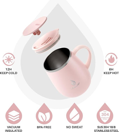 Ideus 16 oz Insulated Coffee Mug with Handle and Lid, Double Wall Stainless Steel Vacuum Thermal Coffee Mug, Travel Coffee Cup Thermal Cup for Home and Office, Sakura Pink