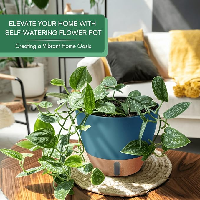 montresor 2-Pack of 8inch Self Watering Pots Blue Sturdy Plastic Flower Pot for Indoor Plants with Cotton Rope and Visual Water Storage Tray, Plastic Pots for Plants