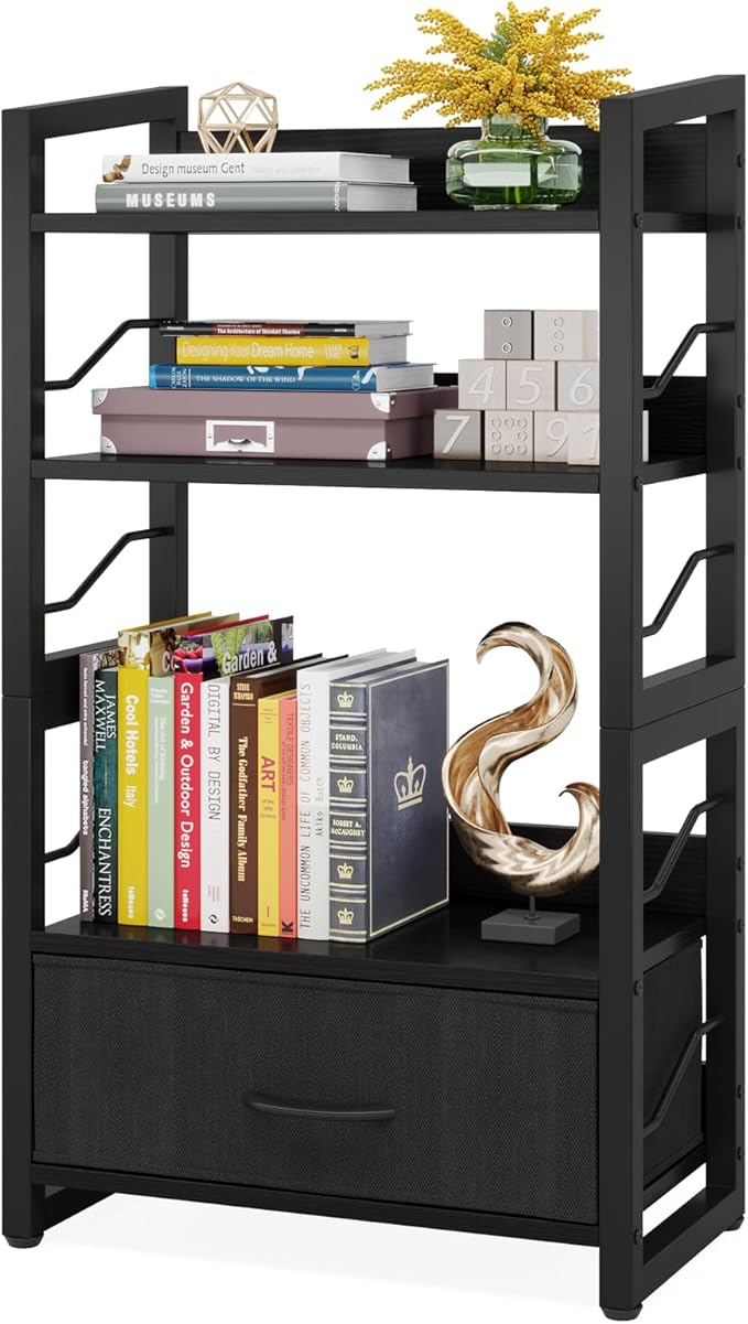 Small Bookshelf with Drawer: 4-Tier Wood Book Shelf Industrial Narrow Bookcase Storage Organizer Metal Stackable Shelves for Desktop Bedroom Living Room Home Office (Black)