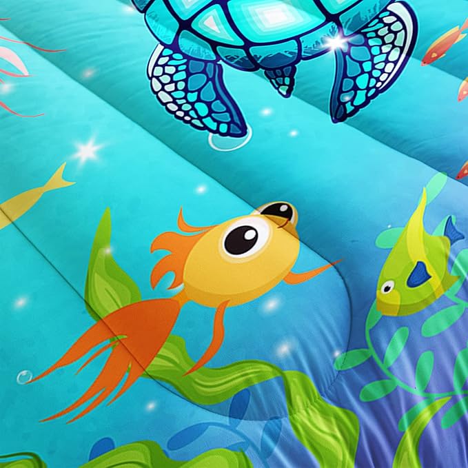 Turtle Comforter Set Twin Ocean Watercolor Sea Turtle Bedding Set Nautical Sea Animal Reptile Bed Set with 2 Pillowcases for Kids Room Decor