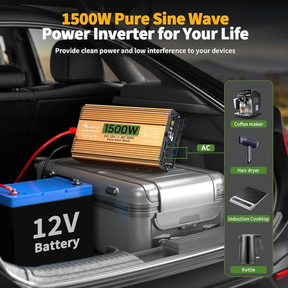 1500 Watt Inverter 12V DC to 110V/120V AC, Pure Sine Wave Inverter for Truck/RV/Home/Solar/Off-Grid, Surge 3000W Pure Sine Power with 2 AC Sockets, 5V 3.4A USB, Digital Display, Remote Controller