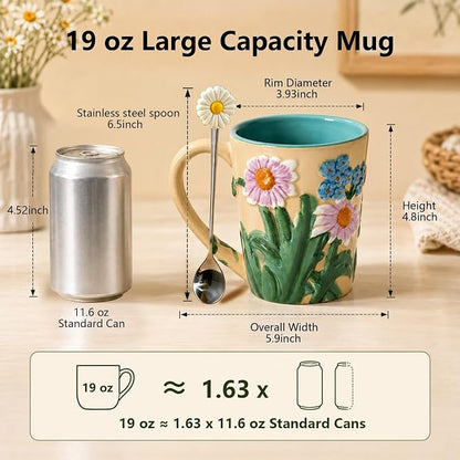 Ceramic Coffee Mug, 19 oz Large Floral Mug with Lid, Novelty Hand-Painted Mugs with Handle & Spoon, Dishwasher & Microwave Safe Cups for Coffee, Tea, Cocoa, Birthday Housewarming Wedding Gift - Beige