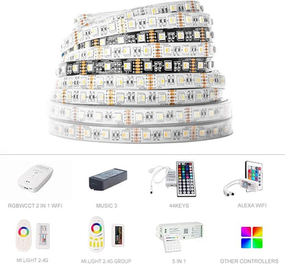 BTF-LIGHTING 5050 RGBW RGB+Cool White(6000K-7000K) 4 Colors in 1 LED Tape Light DC12V 5m 16.4ft 60LED/m Multi-Colored IP30 White 12mm PCB for Bedroom Kitchen Home Decoration(No Adapter or Controller)