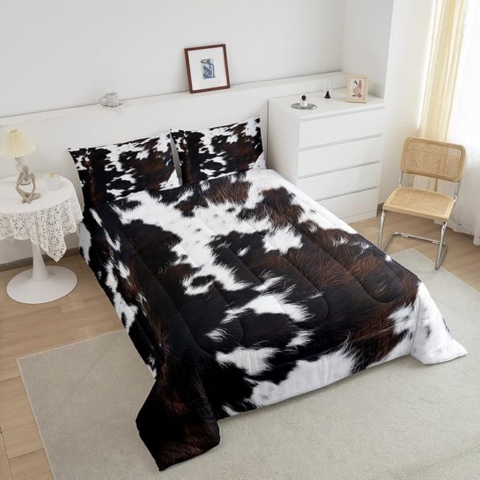 Brown Cowhide Comforter Set Queen,Black White Aztec Cow Print Bedding Set Western Farmhouse Animal Fur Down Comforter for Kids Boys Girls,Rustic Cowboy Quilt Duvet Set 2 Pillow Cases Bedroom Decor