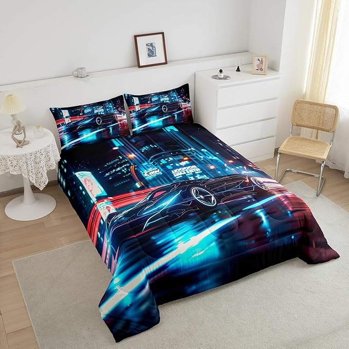Feelyou City Racing Car Bedding Set Full Size for Kids Boys Extreme Sport Games Comforter Set Teens Toddler Fast and Furious Duvet Set Cool Modern Quilt Set 3Pcs