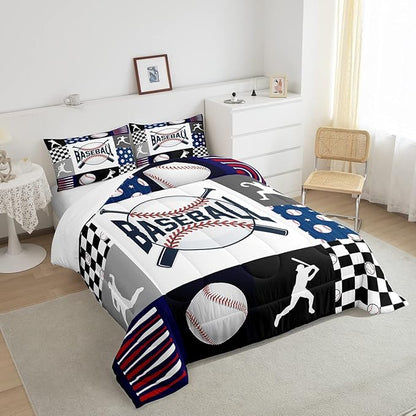 Baseball Bedding,Kids Sports Baseball Comforter Set For Boys Girls Twin Size,Teen Baseball Quilt Set Sport Fans Room Decor,Patchwork Geometric Checkered Comforter Balck white Navy Blue 1 Pillowcase