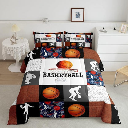 Basketball Queen Comforter Set For Boys Sports Bedding Set Basketball Athlete Bed Comforter Sets Patchwork Style Orange Black White Grey Soft Lightweight Quilt Duvet Insert 2 Pillow Cases Room Decor