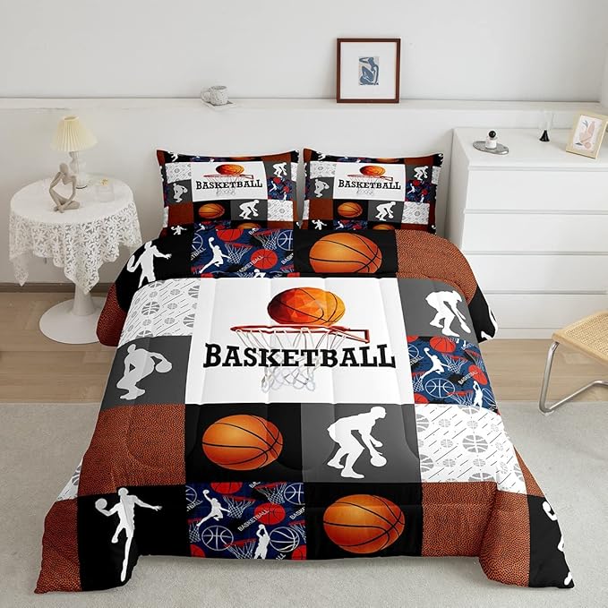 Basketball Full Comforter Set For Boys Sports Bedding Set Basketball Athlete Bed Comforter Sets Patchwork Style Orange Black White Grey Soft Lightweight Quilt Duvet Insert 2 Pillow Cases Room Decor
