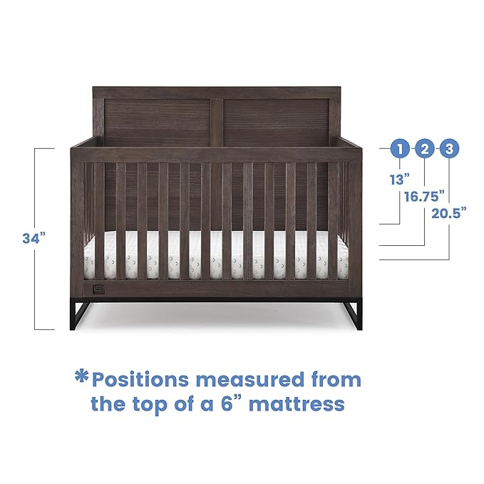 Simmons Kids Foundry 6-in-1 Convertible Baby Crib, Rustic Grey with Matte Black + Quiet Nights Breathable Crib Mattress with Removable/Machine Washable Cover (Bundle)