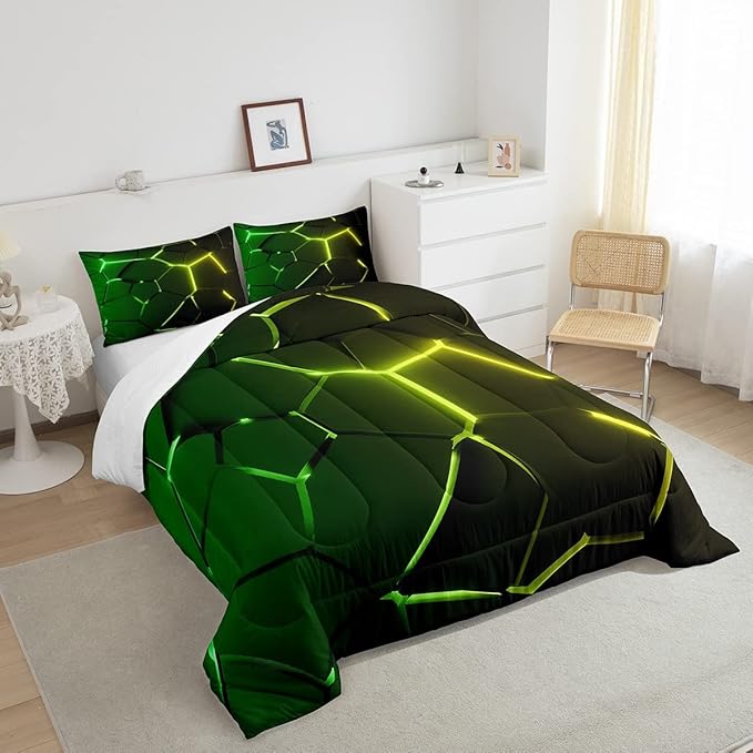Honeycomb Comforter Green Yellow Hexagonal Print Bedding Set for Kids Boys Girls Children Beehive Geometrical Comforter Set Ultra Soft Decor Reticulated Duvet Set Queen Size