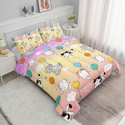 Datura home Kids Comforter Set Cute Cats Printed Pattern Bedding Set with 1 Comforter and 2 Pillowcases for Girls Boys Bedroom All Season(Cat1 Queen)