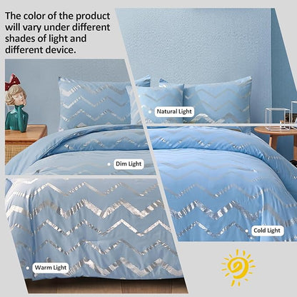 King Comforter Set Blue/Silver Metallic Print Glitter Bedding Set Cute Shinny Bed Sets for Teen Girls Kids Women, 4 Piece (2 Pillowcases, 1 Decorative Pillow Sham)