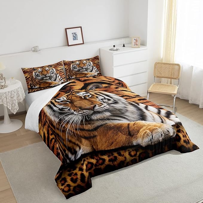 Manfei Tiger 3D Print Comforter Set Queen Size Wild Animals Bedding Set 3pcs for Kids Teens Room Decor,Animal Fur Quilt Set Soft Breathable Duvet Insert with 2 Pillowcases