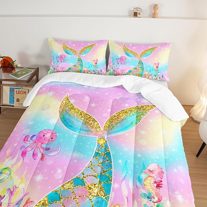 HOSIMA Mermaid Comforter with 2 Pillowcases,Girly Rainbow Bedding Set Mermaid Tail Comforter,Glitter Gold Fish Scales Queen Comforter Set,Cute Sea Animal Octopus Seahorse Comforter for Kids Teens.