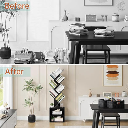 Vagusicc 6 Tier Tree Bookshelf, Modern Floor Standing Bookcase with Storage Drawer, Space Saving Storage Organizer Book Shelves for Books, Tall Wood Storage Rack for Bedroom/Living Room/Home Office