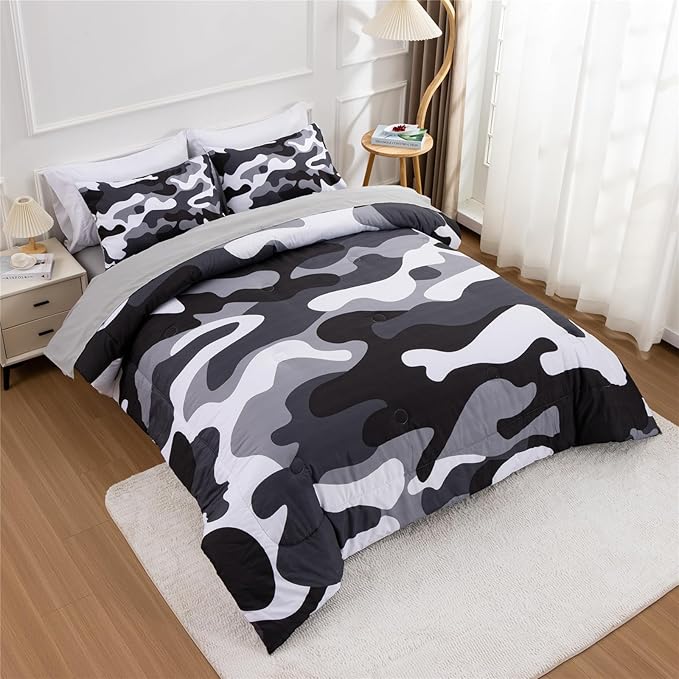 Meeting Story Camouflage Bedding Set, Colorful Pattern Style Comforter Set, 5 PCS One Comforter Two Pillowcases Two Sheets in One Bag, All Season Bedspread for Teens Adults (Grey,Twin5pcs