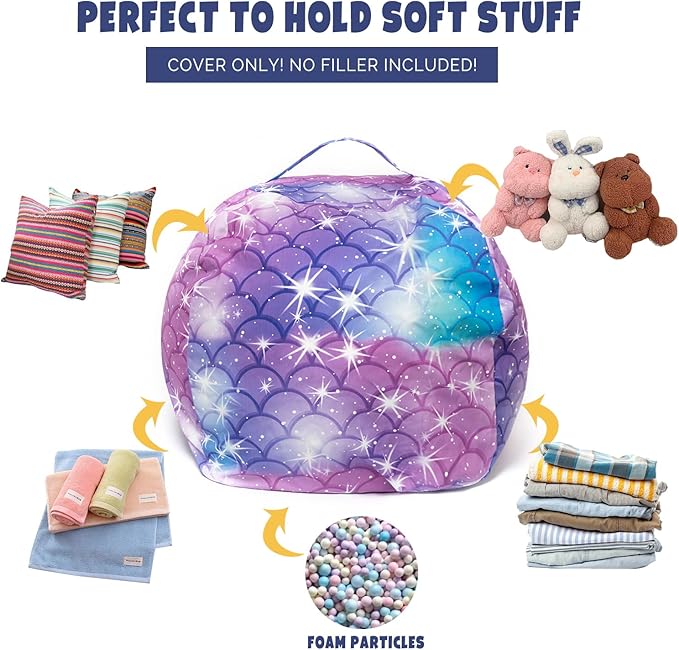 Stuffed Animal Storage Bean Bag Chair Cover, Hold Kids Plush Toys Blankets Towels Beanbag (Cover Only), Canvas Floor Circle Stuff Sit Seat Sofa with YKK Zipper, Large 32", Classic Mermaid