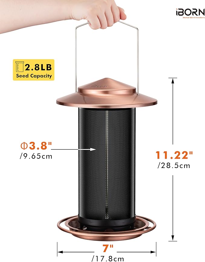 iBorn Bird Feeders for Outdoors, All Metal Mesh Tube, Holding Bird Seed for Outside Feeders,18cm Large Roof, Copper, 2.8lb(Seed is not Included)