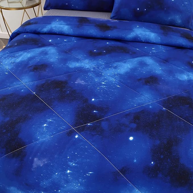 3PCS Blue Galaxy Comforter Set Full, Full Size Bed in a Bag Summer Comforter, Lightweight and Fade Resistant, Cute Full Size Quilt for Boys Girls Toddler Kids and Teens, Full