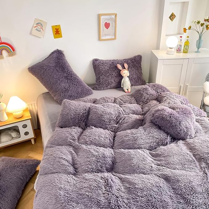 Faux Fur Kid Girls Purple Comforter Sets Twin/Full - 3PC Bed Set Warm Comfortable Soft Plush Flannel Velvet Fluffy Fuzzy Bedding（Comforter x 1 Pillowcases x 2）