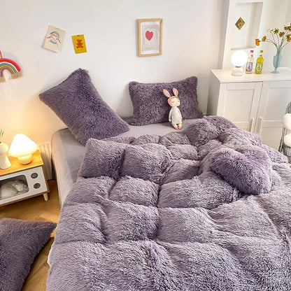 Faux Fur Kid Girls Purple Comforter Sets Queen - 3PC Bed Set Warm Comfortable Soft Plush Flannel Velvet Fluffy Fuzzy Bedding（Comforter x 1 Pillowcases x 2）