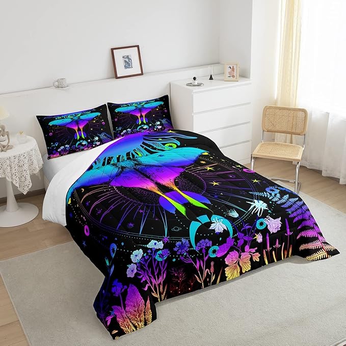 Erosebridal Moth Comforter Set King Hippie Psychedelic Sun and Moon Bedding Set,Purple Blue Ombre Galaxy Floral Botanical Comforter for Girls Teens Women Stars Planet Quilt Duvet 2 Pillowcases