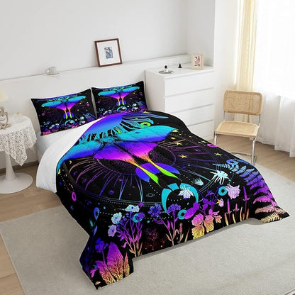 Erosebridal Moth Comforter Set Hippie Psychedelic Sun and Moon Bedding Set Twin,Purple Blue Ombre Galaxy Floral Botanical Comforter for Girls Teens Women Stars Planet Quilt Duvet 1 Pillowcase