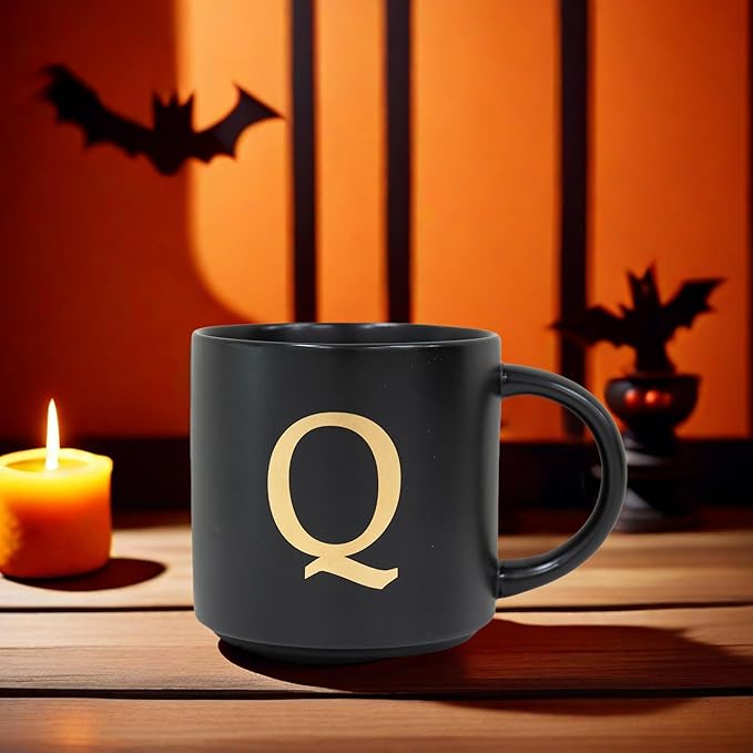COLLECTIVE HOME - Monogram Ceramic Mugs, 15 oz Golden Initial Black Coffee Cups, Elegant Alphabet Tea Mugs, Elegant Personalized Mug with Gift Box, Unique Mug with Double Side Capital Lette (Q)