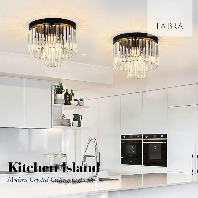12.6" Black Crystal Ceiling Light 4-Light Modern Fixture 2-Tier Luxury K9 Crystal, for Dining Room Kitchen Island Living Room Bedroom