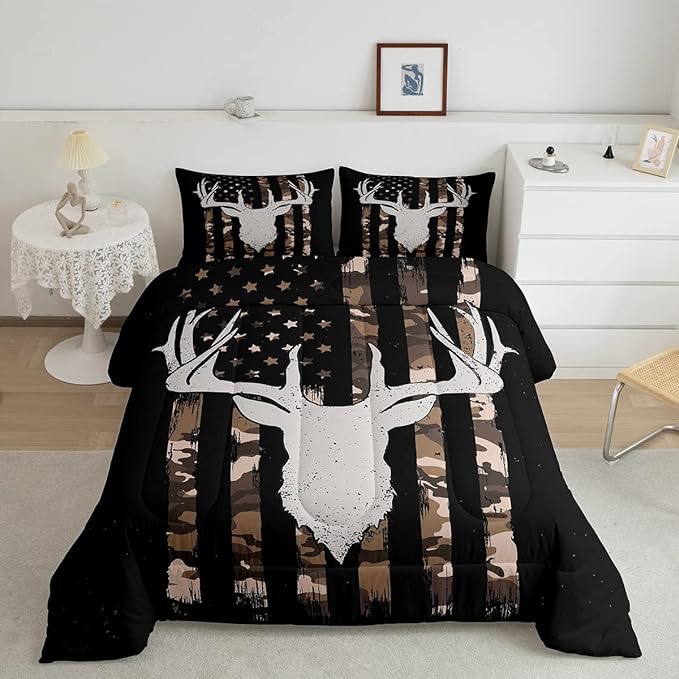 Camouflage American Flag Comforter Set, Hunting Antler Bedding Comforter Sets Brown Black Camo Striped Bedding King Size for Kids Boys Teens Adult Women, Rustic Woodland Animal Duvet Insert