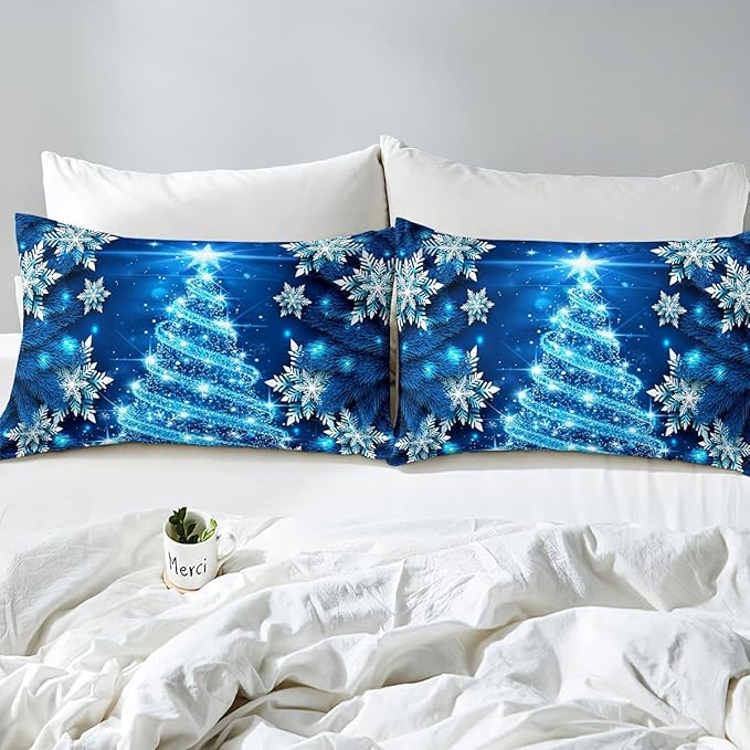 Feelyou Girls Christmas Tree Comforter Set Blue Xmas Theme Comforter Queen Chic Winter Snowflake Bedding Set for Girls Daughter Bedroom Decor Soft Girly Glitter Quilted Duvet Winter Warm Bedding