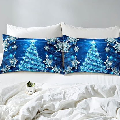 Feelyou Girls Christmas Tree Comforter Set Blue Xmas Theme Comforter Queen Chic Winter Snowflake Bedding Set for Girls Daughter Bedroom Decor Soft Girly Glitter Quilted Duvet Winter Warm Bedding