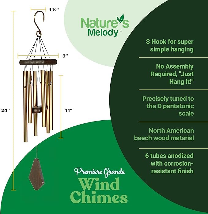 Nature’s Melody Premiere Grande Tunes Wind Chimes – Outdoor Windchime with 6 Tubes Tuned to E Pentatonic Scale, Rustproof Aluminum, Beech Wood & S Hook Hanger for Sympathy, Memorial Gift or Zen Garden
