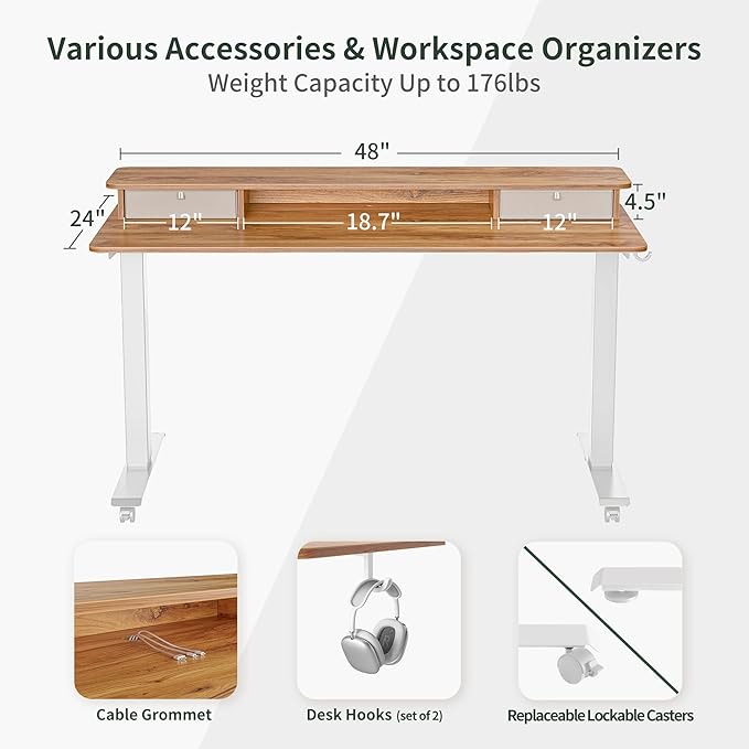 FEZIBO 48 x 24 Inch Height Adjustable Electric Standing Desk with Double Drawer, Stand Up Desk with Storage Shelf, Sit Stand Desk, Light Rustic