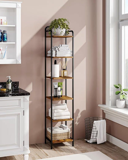 Bookcase Bookshelf, Narrow Book Shelf, Industrial Coner Shelf Storage Organizer, Slim Shelving Unit for Home Office, Living Room, Bedroom, Kitchen, 6-Tier Rustic Brown BC24601B