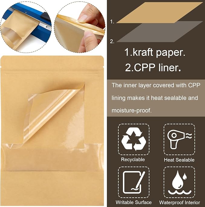 50 Pack Kraft Paper Resealable Bags with Clear Window (5.5 X 7.9 Inches) | Heat Sealable Stand Up Pouch Bags with Tear Notches for Small Business, Spices, Granola Storage