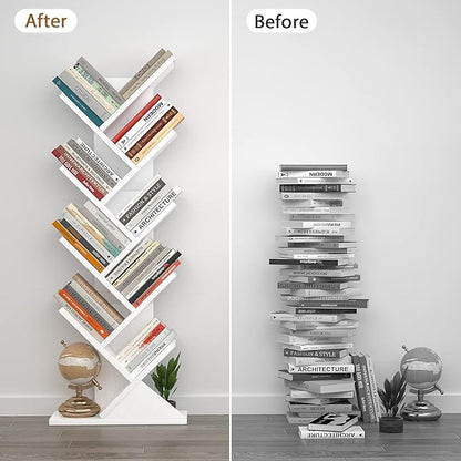 Topfurny Tree Bookshelf, 9-Tier Shelf Rustic Brown Bookcase, Retro Wood Storage Rack for CDs/Movies/Books, Anti-Fall Utility Organizer Shelves for Living Room, Bedroom, Home Office, White