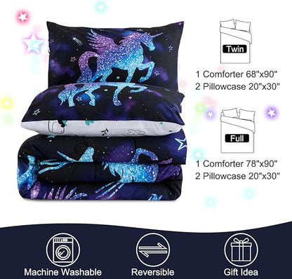 Meeting Story Dinosaur Comforter Set, Fluorescence Gradation Unicorn Twin Comforter Set, 3 PCS 1 Comforter and 2 Pillowcases in One Bag, All Season Bedspread for Kids Teens Adults（Twin）