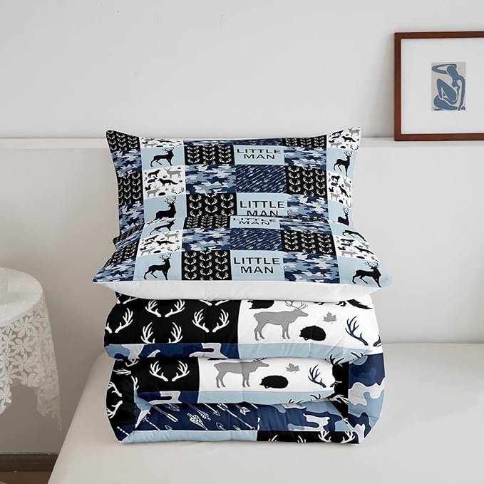 Manfei Camo Deer Antlers Comforter Set King Size Geometric Checkered Patchwork Bedding 3pcs for Xmas Decor, Boho Arrows Animals Quilt Set, Blue Rustic Duvet Insert, 2 Pillowcases (WWS10844GYY-BZ_USk)