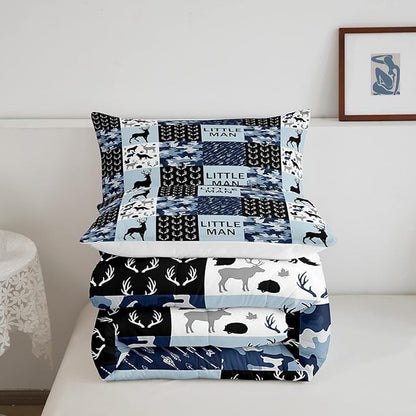 Manfei Camo Deer Antlers Comforter Set King Size Geometric Checkered Patchwork Bedding 3pcs for Xmas Decor, Boho Arrows Animals Quilt Set, Blue Rustic Duvet Insert, 2 Pillowcases (WWS10844GYY-BZ_USk)