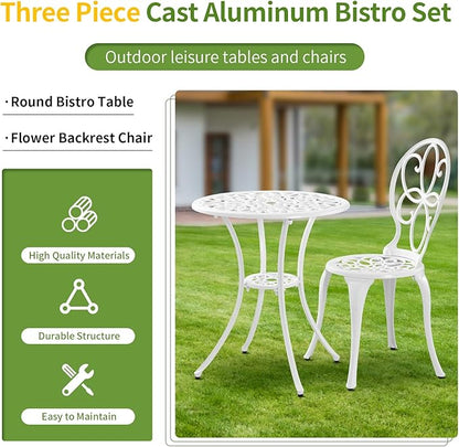 Patio Bistro Sets, Cast Aluminum Bistro Table and Chairs Set of 2 with Umbrella Hole, Bistro Set 3 Piece Outdoor, Metal Patio Furniture Set for Garden Porch, White