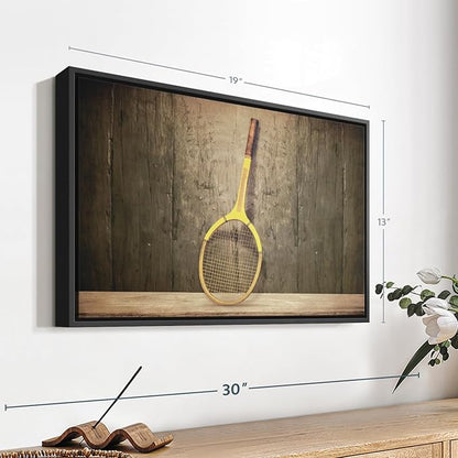 ElephantStock Vintage Tennis Racket Wall Art - Horizontal Framed Canvas - 1-Piece Living Room Wall Decor - Photography Sports Canvas Print - Brown and Black Decor for Wall - 19" X 13"