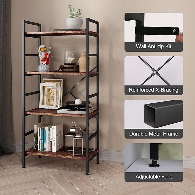 4 Tier Industrial Book Shelf,Modern Small Book Case for Books, Garage Kit, CDs, Movies, Standing BookShelves Display Rack for Bedroom/Living Room/Home Office - Rustic Brown Wood Bookcase