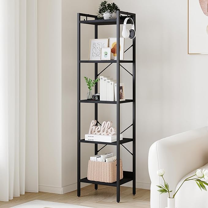 Bookshelf, Book Shelf, Industrial Bookcase with 2 Hooks, Coner Shelf Storage Organizer for Home Office, Living Room, Bedroom, Kitchen, 5-Tier Black BC10504B