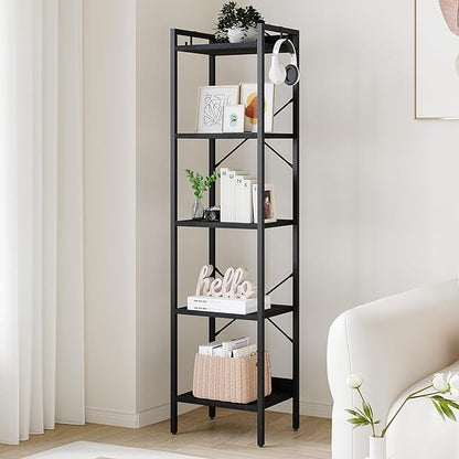 Bookshelf, Book Shelf, Industrial Bookcase with 2 Hooks, Coner Shelf Storage Organizer for Home Office, Living Room, Bedroom, Kitchen, 5-Tier Black BC10504B