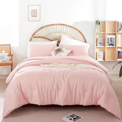 Blush Pink Comforter Set Twin Boho Pink Twin Comforter with 1 Pillowcases - Soft Lightweight Cozy Bedding Set for All Season - Beige Comforter Twin Size for Women Teens Kids
