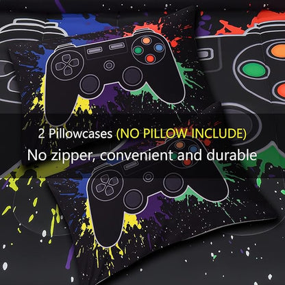 6Pcs Gamer Comforter Set with Sheets for Boys Girls Kids Teens, Colorful Graffiti Gaming Themed Bed in A Bag Twin Size, Black 3D Video Game Controller Bedroom Decor Bedding Set