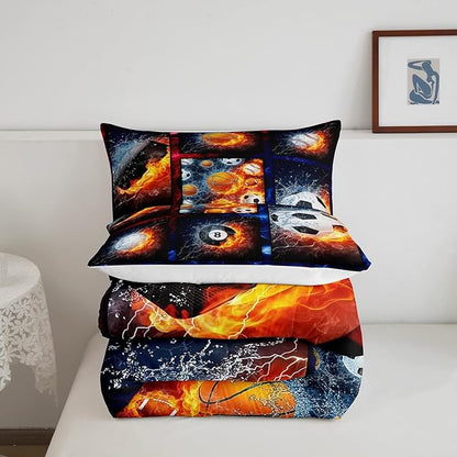 Sports Comforter Sets For Boys Queen,Teen Basketball Baseball Football Bedding Comforter Set For Men Volleyball Soccer Hockey Quilt Comforter,Red Blue Water And Fire Lightning Bed Duvet 2 Pillow Cases